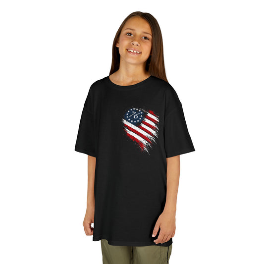 Kids T‑Shirt — Distressed American Flag Heart Graphic (4th of July, Patriotic)