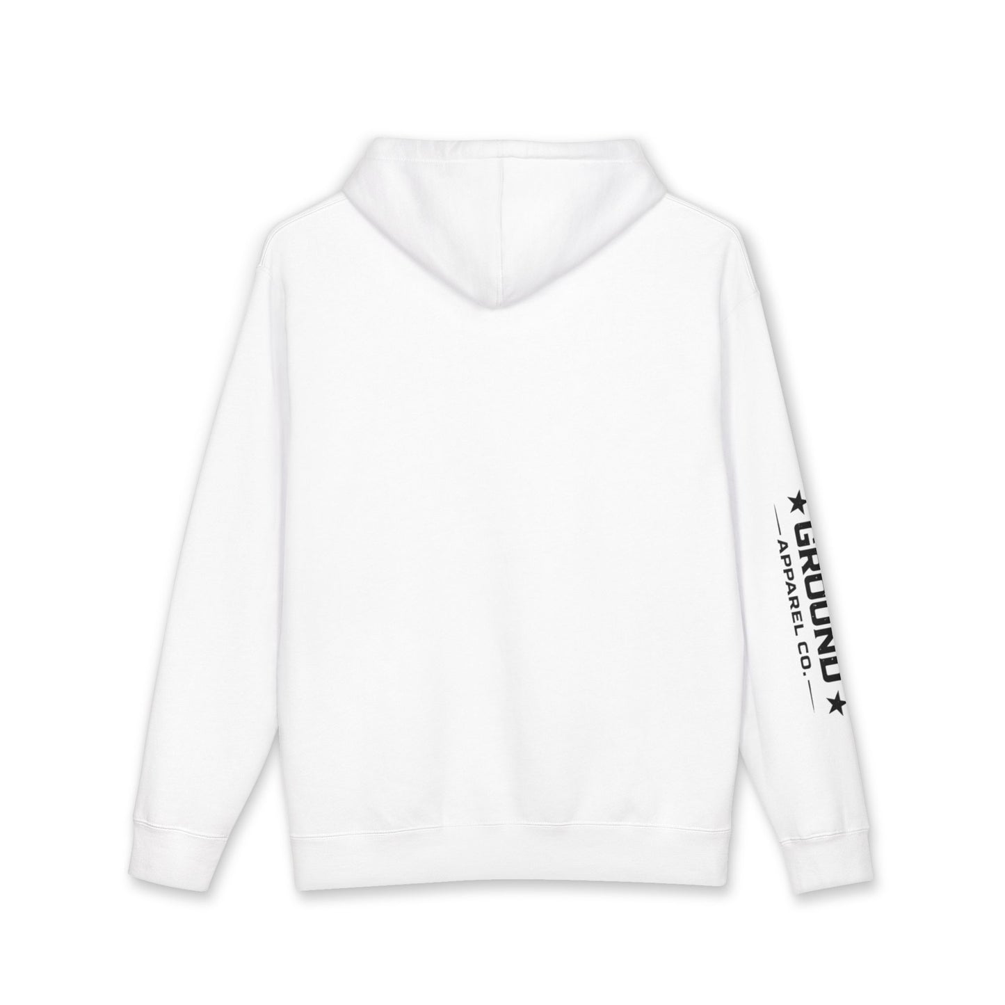 Common Apparel White Hoodie — Flag Patch Chest & Sleeve Logo Pullover