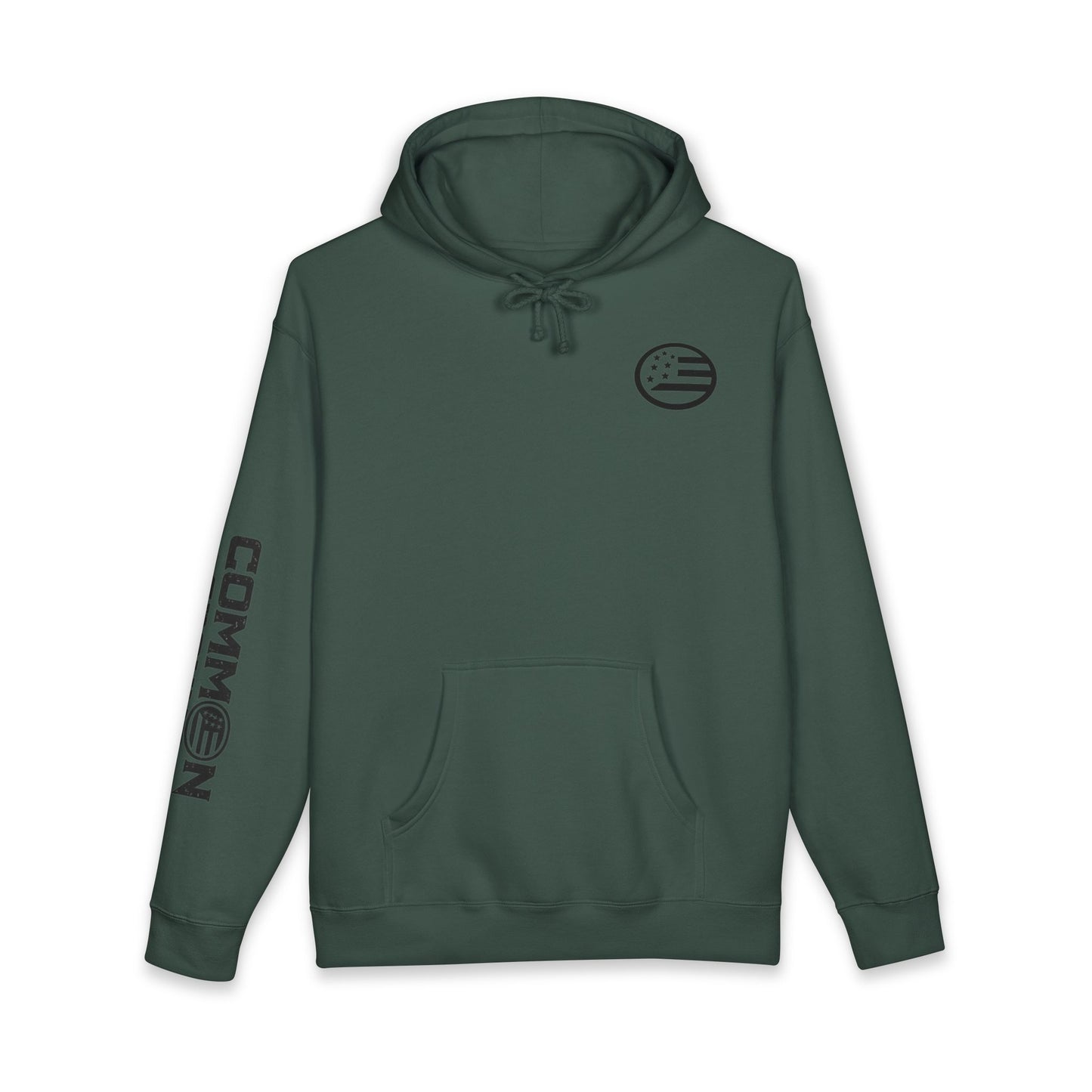 Common Apparel White Hoodie — Flag Patch Chest & Sleeve Logo Pullover
