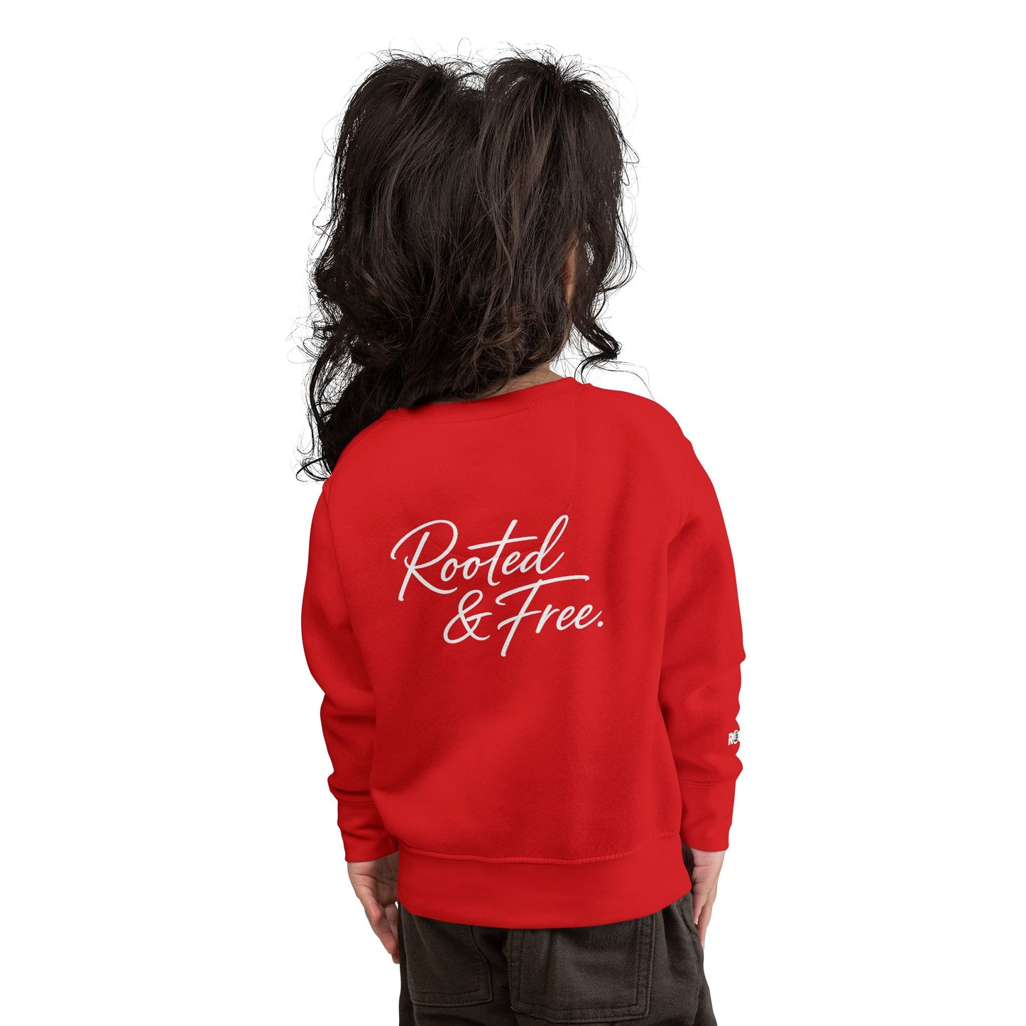 Rooted & Free Toddler Sweatshirt — Grey Cozy Crew with Script Back