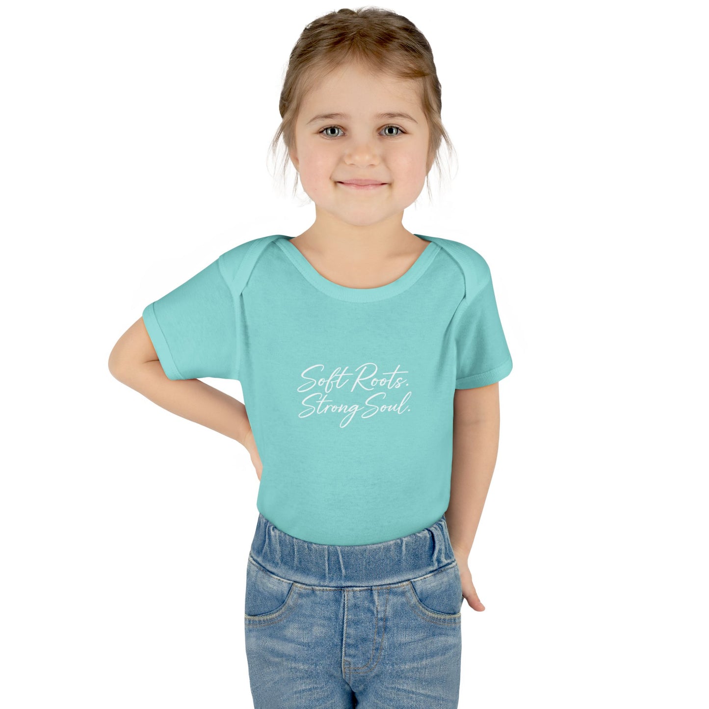 Infant Bodysuit — "Soft Roots. Strong Soul." Script Baby Onesie (Earthy Brown)