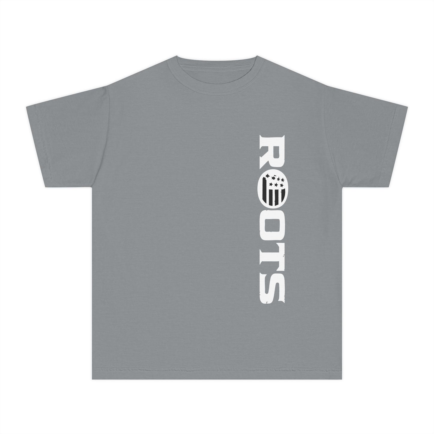 Roots Youth Tee — "Born Free. Raised Right." Vertical Logo Kids Shirt