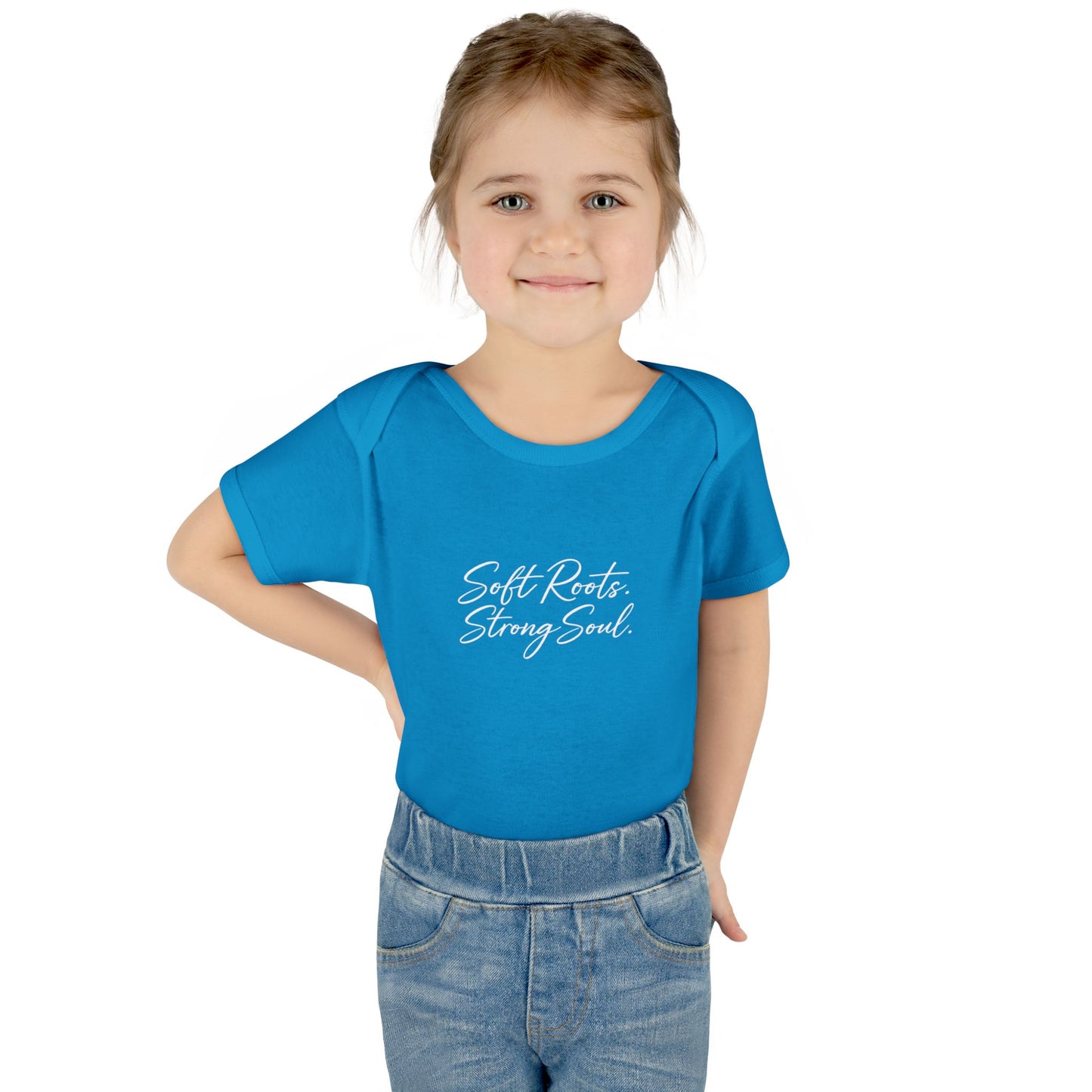 Infant Bodysuit — "Soft Roots. Strong Soul." Script Baby Onesie (Earthy Brown)