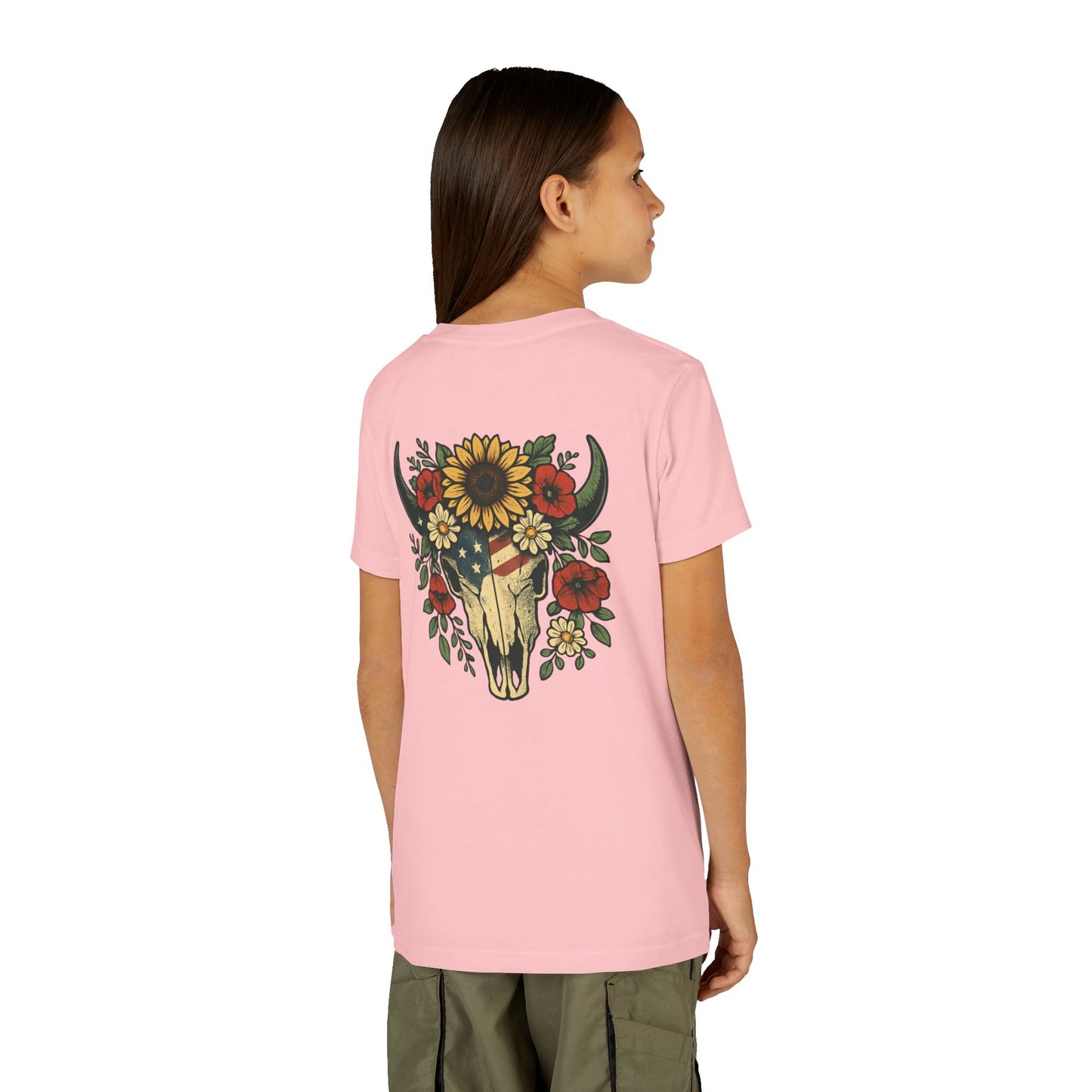 Youth Tee — Floral Bull Skull Graphic "Roots" Backprint