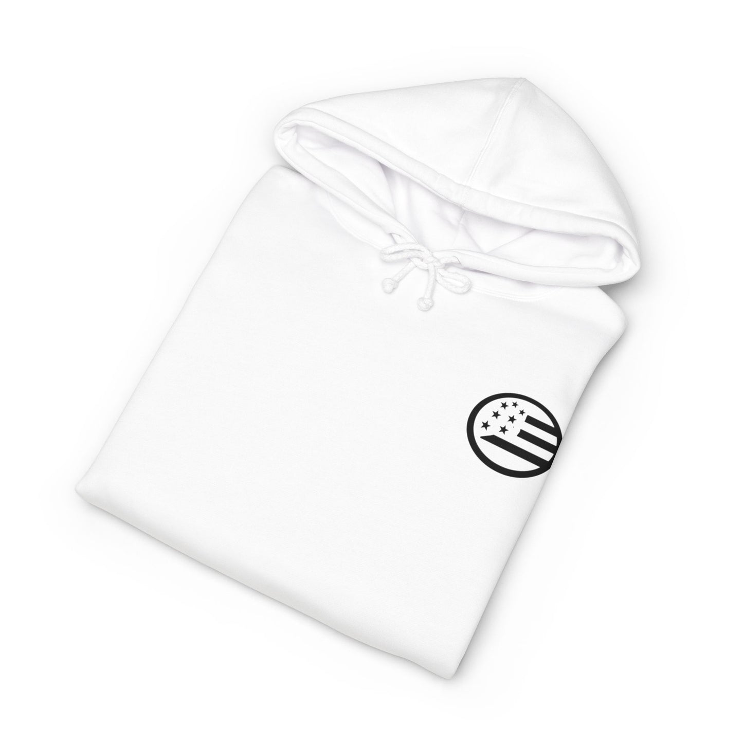 Common Apparel White Hoodie — Flag Patch Chest & Sleeve Logo Pullover