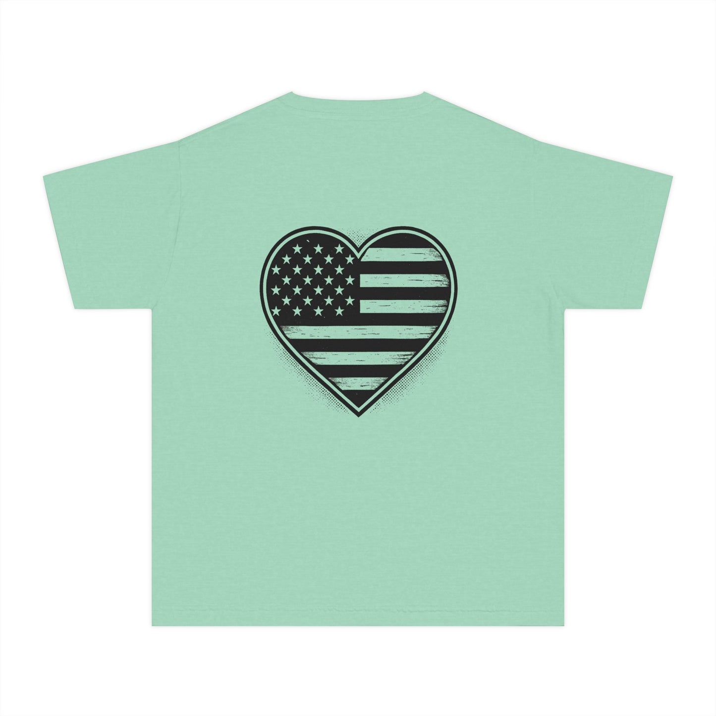 Youth Tee — 'ROOTS' Front Logo & Distressed American Flag Heart Back