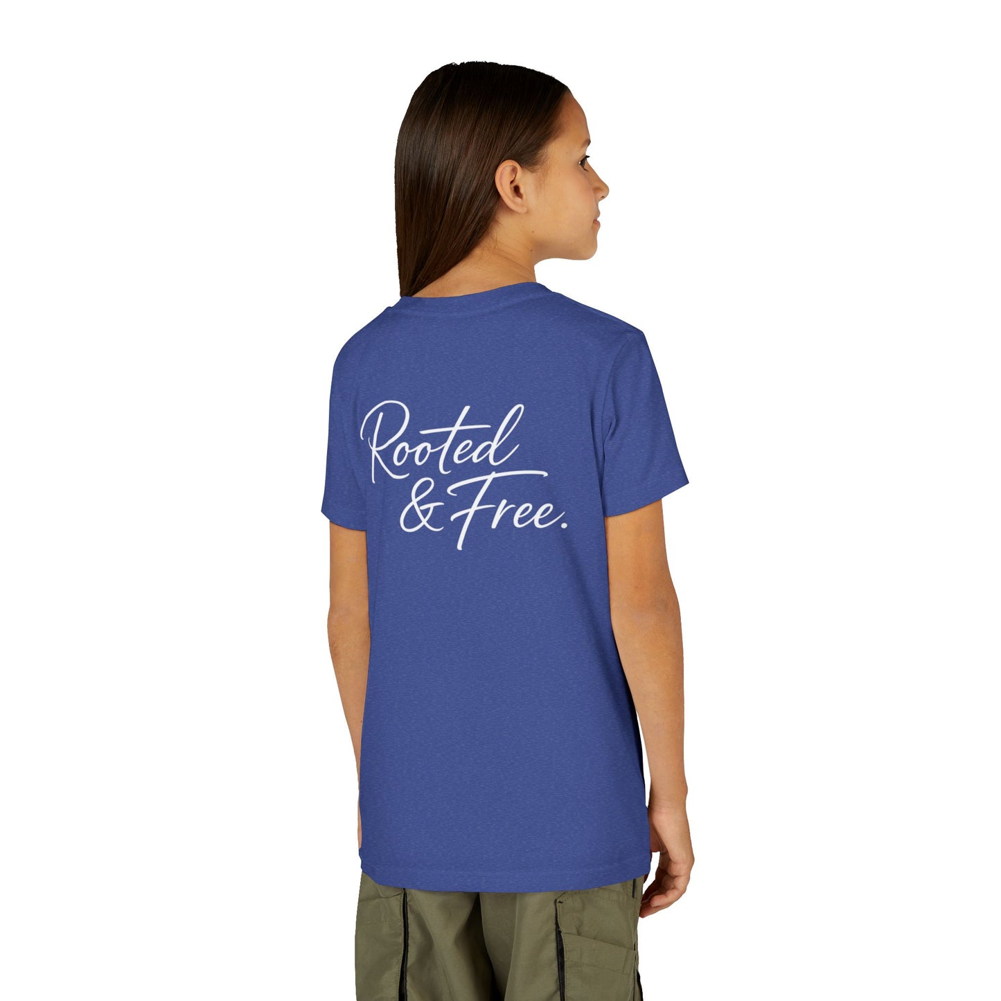 Youth Tee — "Rooted & Free" Script Back with Mini Crest Front