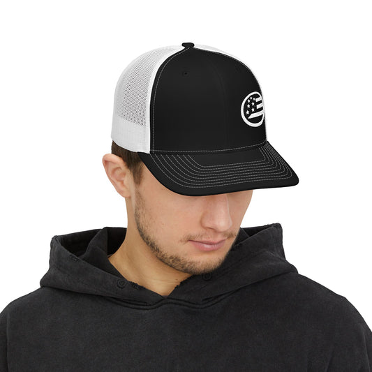 American Flag Circle Embroidered Trucker Hat — Snapback Mesh Cap