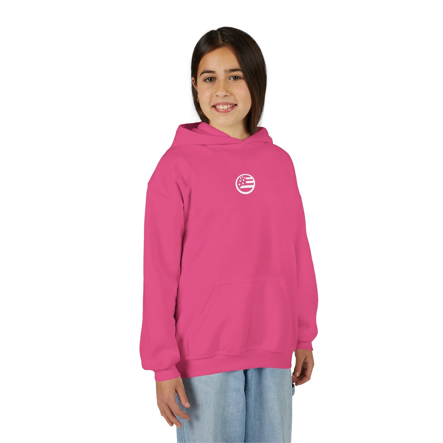 Youth Hoodie — "Rooted & Free" Script Back Design (Small Chest Logo)