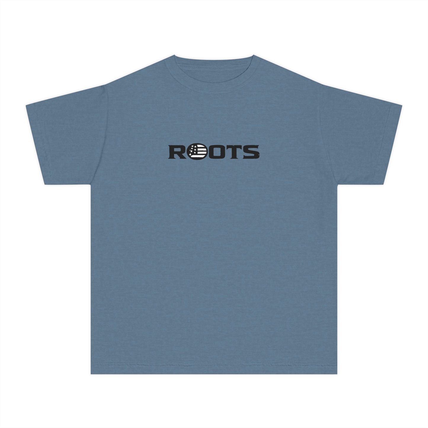 Youth Tee — 'ROOTS' Front Logo & Distressed American Flag Heart Back