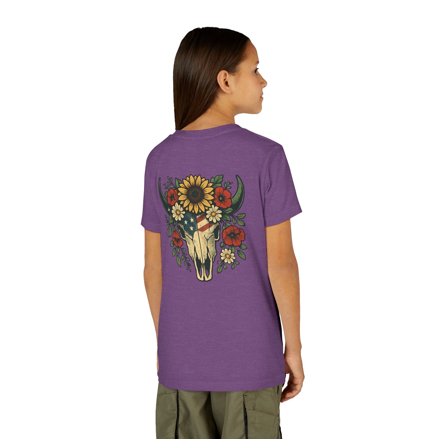 Youth Tee — Floral Bull Skull Graphic "Roots" Backprint