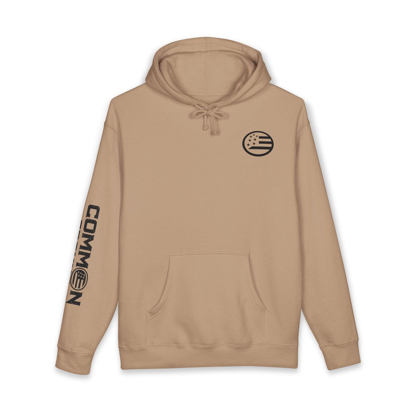 Common Apparel White Hoodie — Flag Patch Chest & Sleeve Logo Pullover