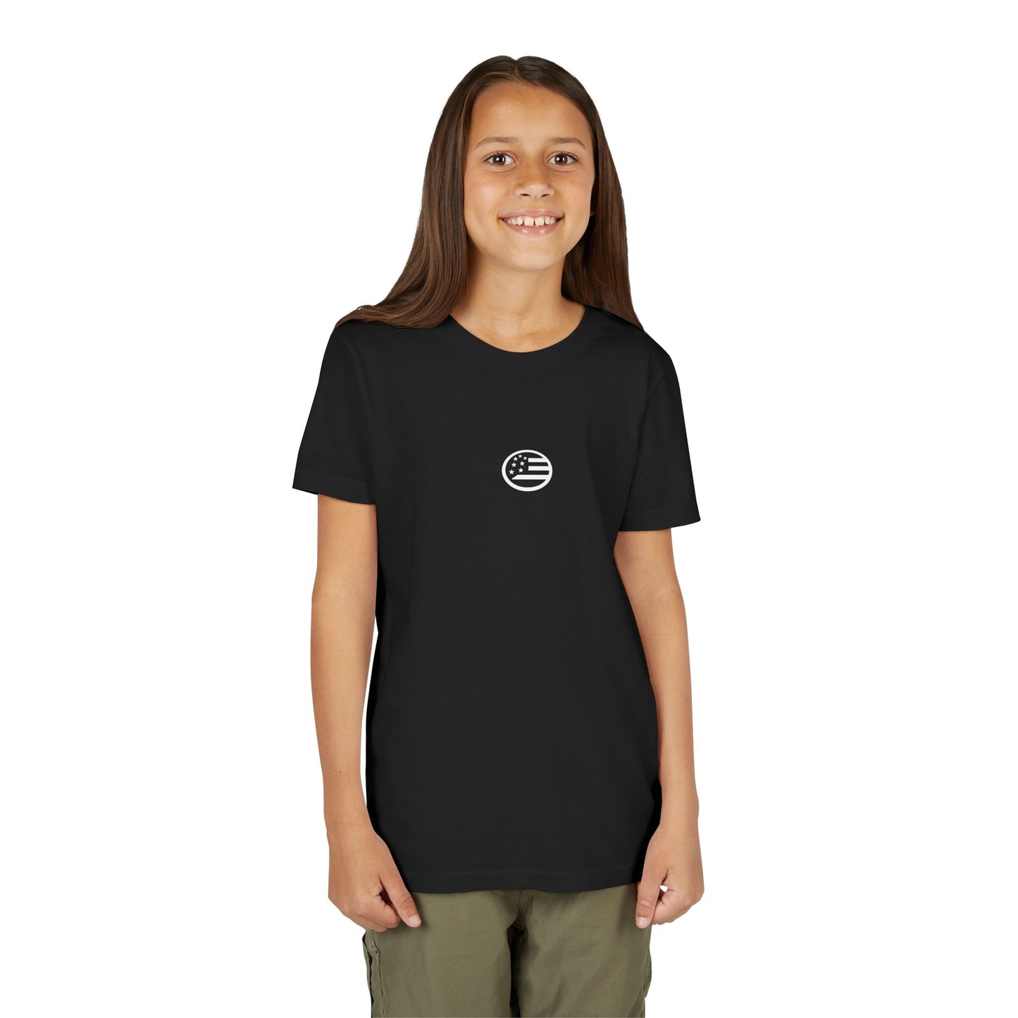 Youth Tee — "Rooted & Free" Script Back with Mini Crest Front