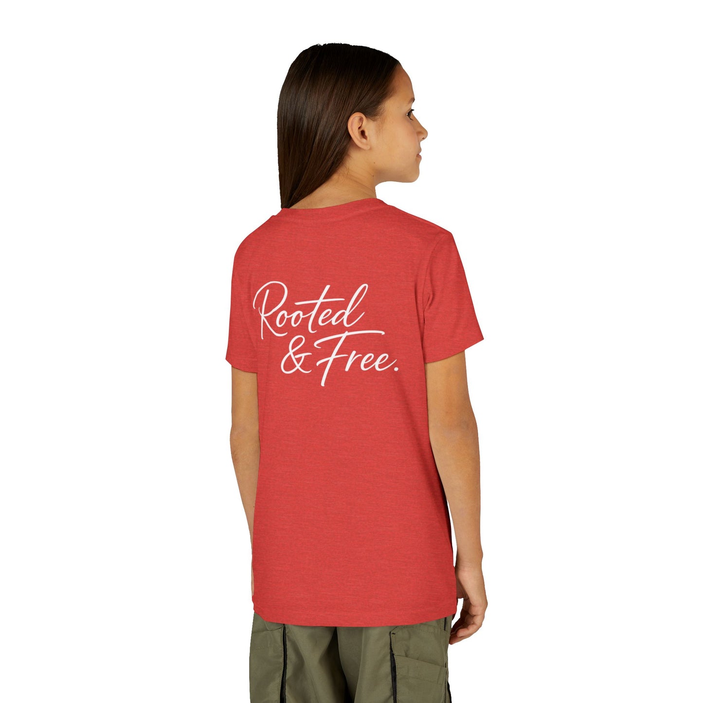 Youth Tee — "Rooted & Free" Script Back with Mini Crest Front