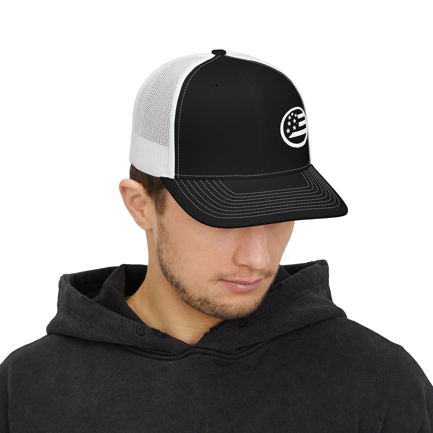 American Flag Circle Embroidered Trucker Hat — Snapback Mesh Cap