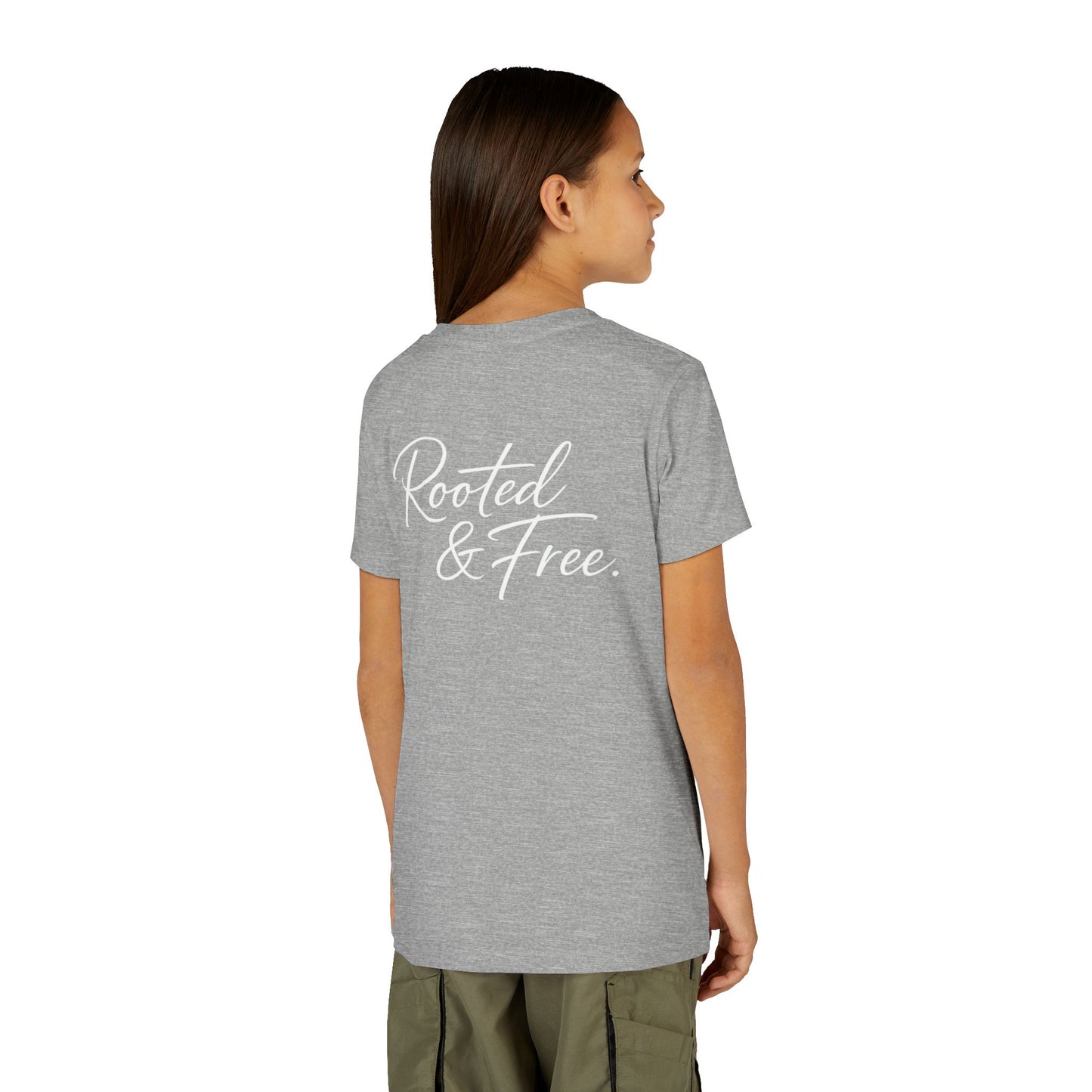 Youth Tee — "Rooted & Free" Script Back with Mini Crest Front