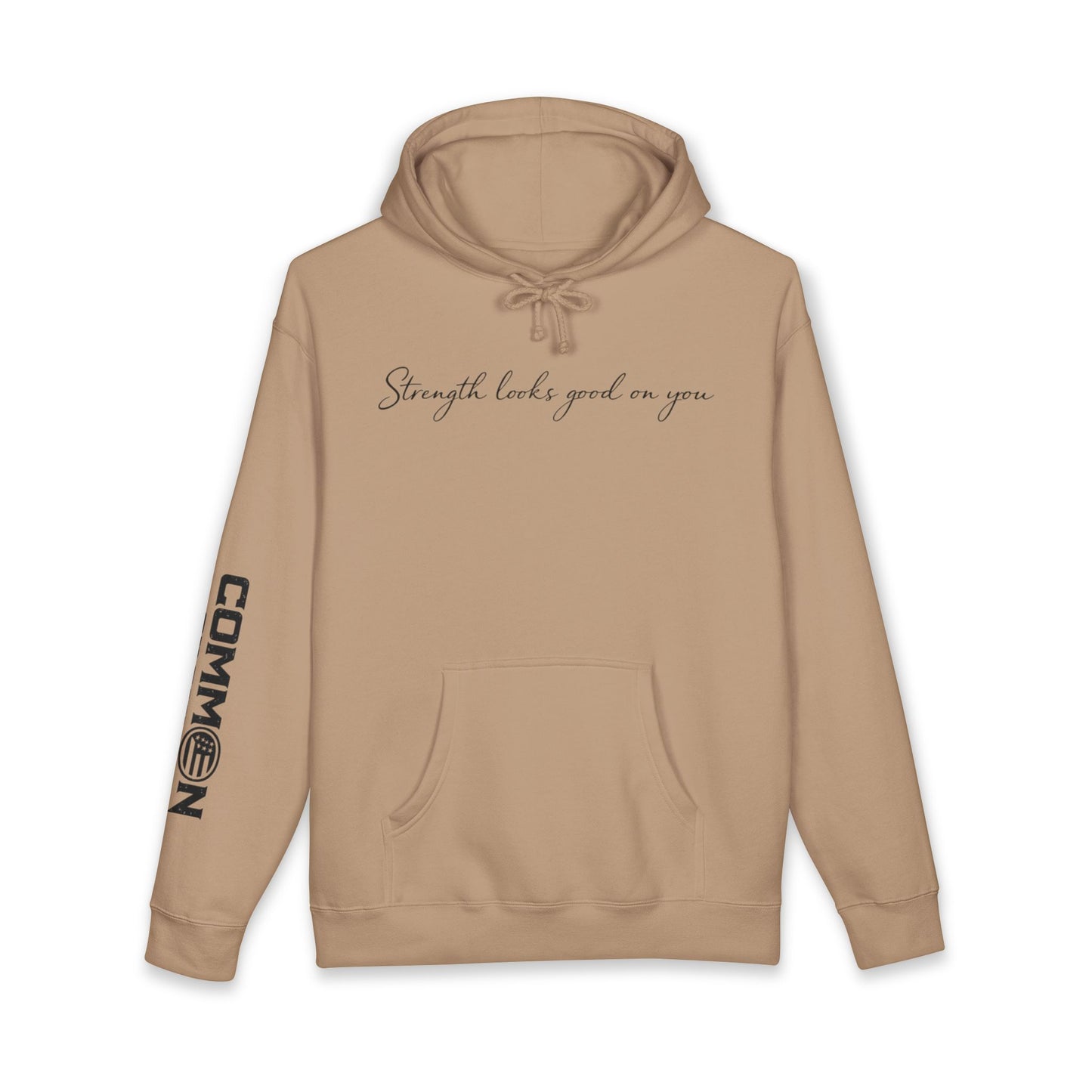 Hoodie — “Strength Looks Good on You” Minimal Script Hoodie with Sleeve Branding