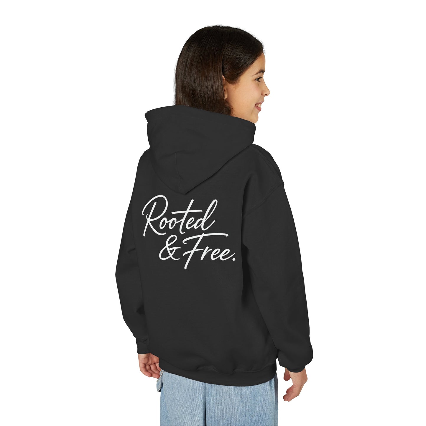 Youth Hoodie — "Rooted & Free" Script Back Design (Small Chest Logo)