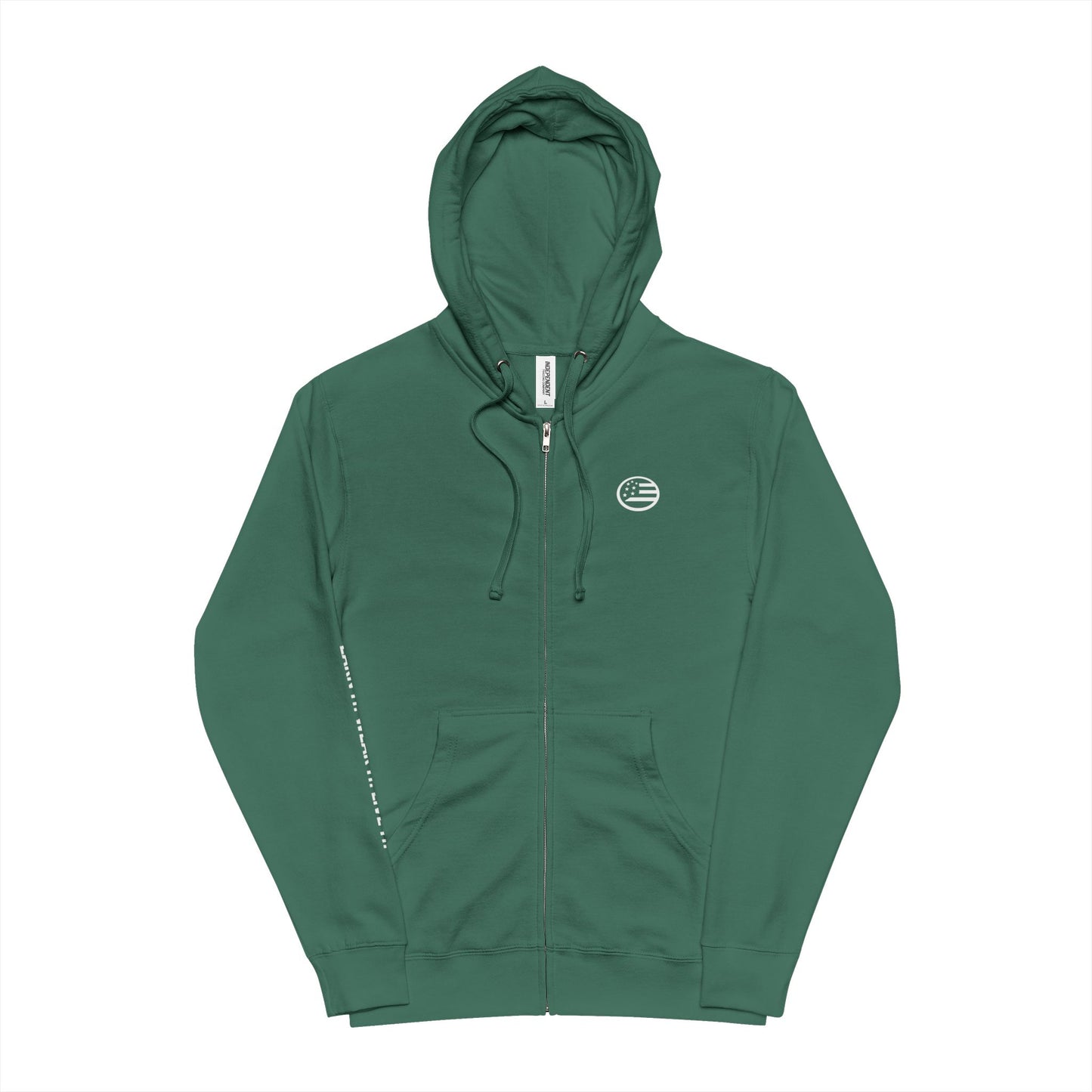 Minimal Green Zip-Up Hoodie — Subtle Circular Logo Fleece Jacket
