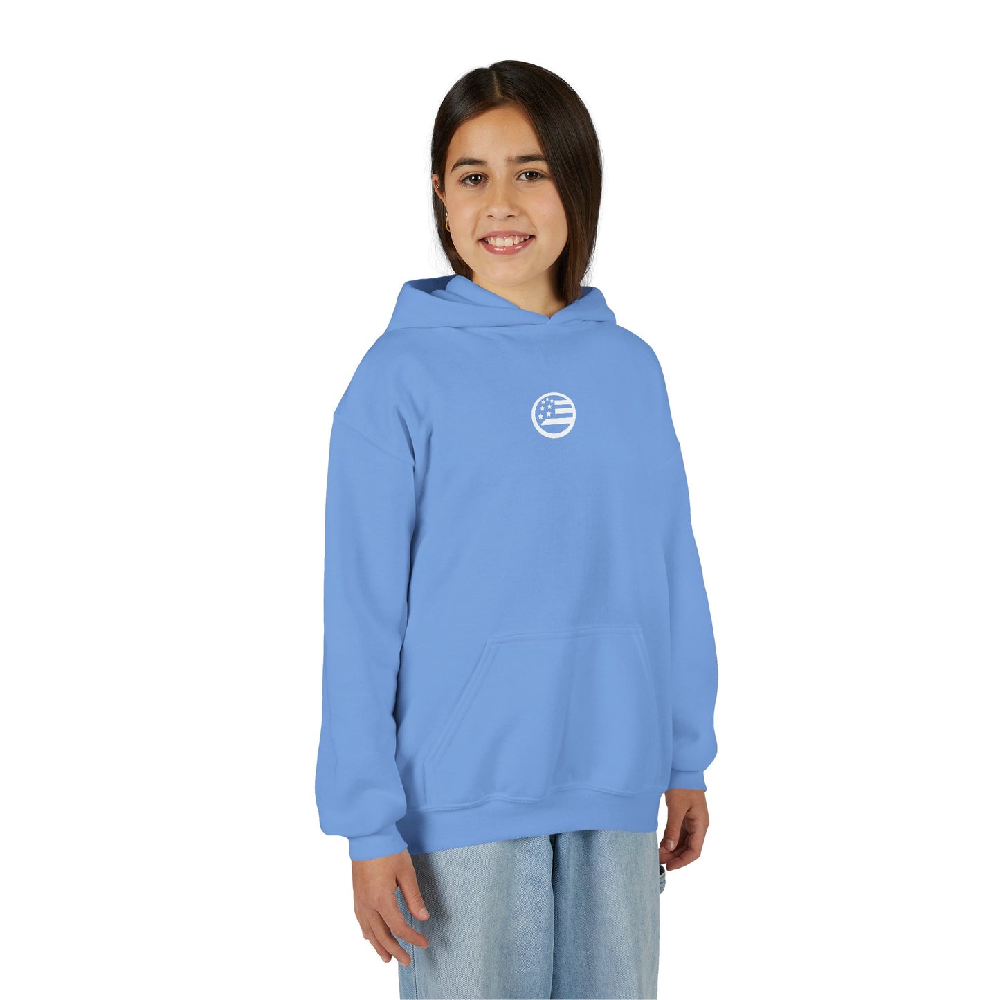Youth Hoodie — "Rooted & Free" Script Back Design (Small Chest Logo)