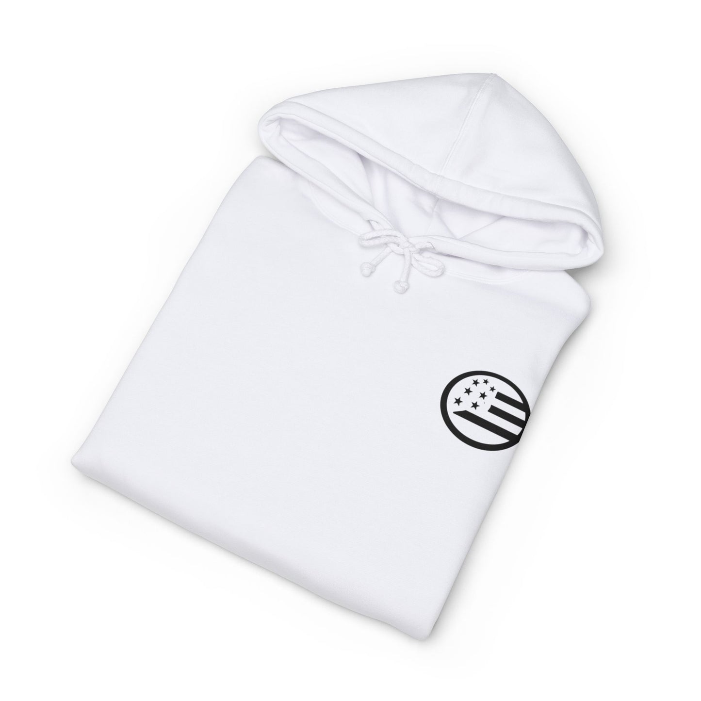 Common Apparel White Hoodie — Flag Patch Chest & Sleeve Logo Pullover