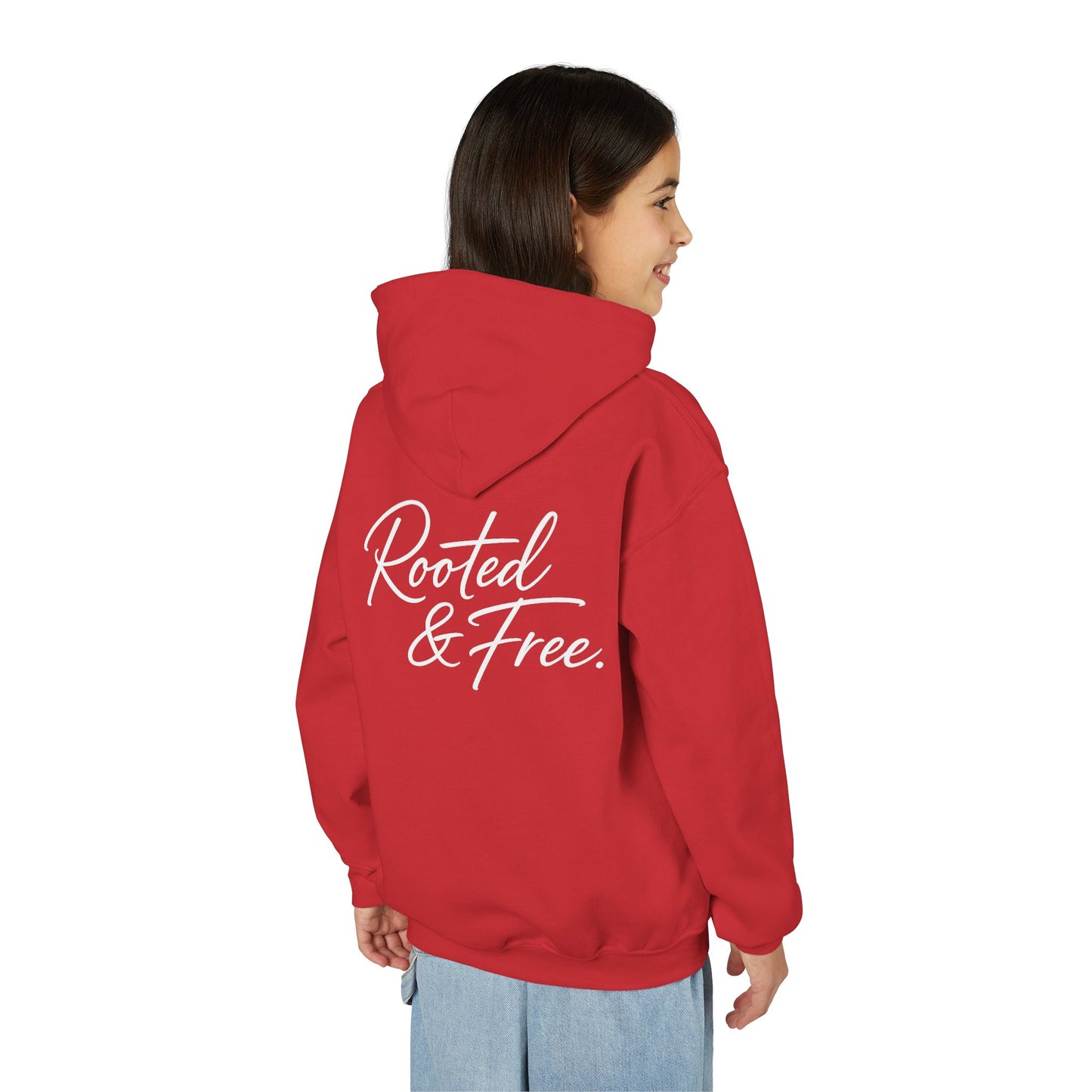 Youth Hoodie — "Rooted & Free" Script Back Design (Small Chest Logo)