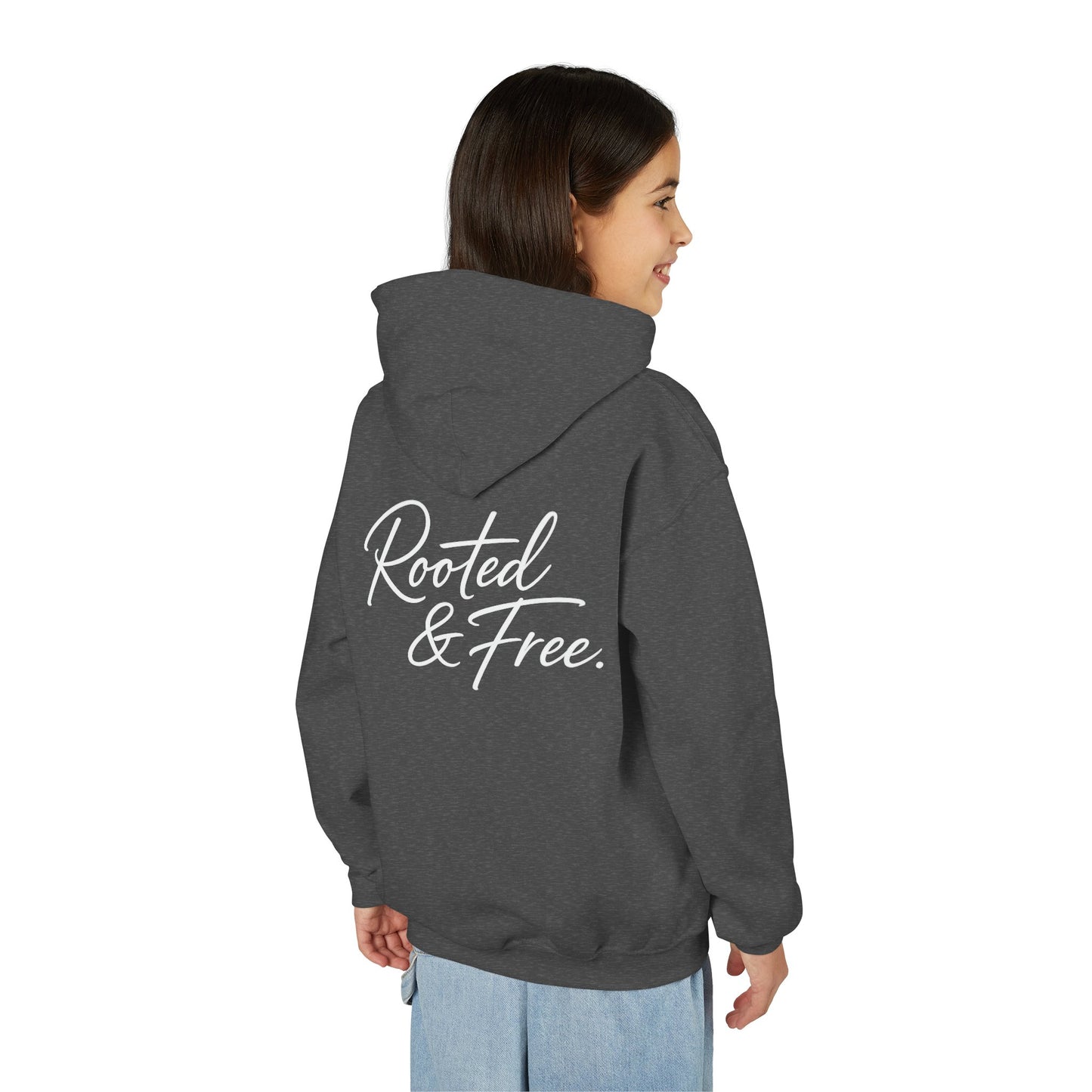 Youth Hoodie — "Rooted & Free" Script Back Design (Small Chest Logo)