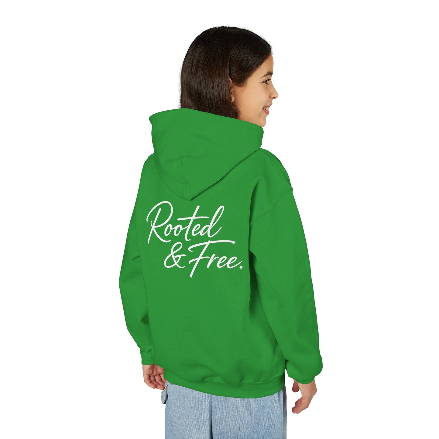 Youth Hoodie — "Rooted & Free" Script Back Design (Small Chest Logo)