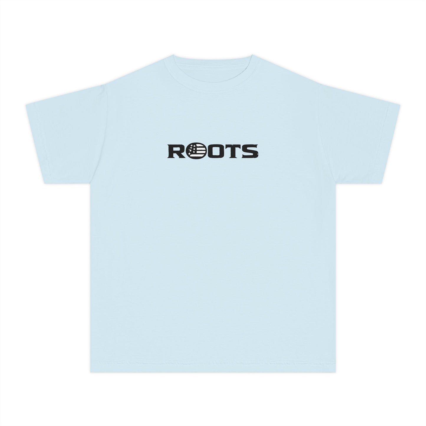 Youth Tee — 'ROOTS' Front Logo & Distressed American Flag Heart Back