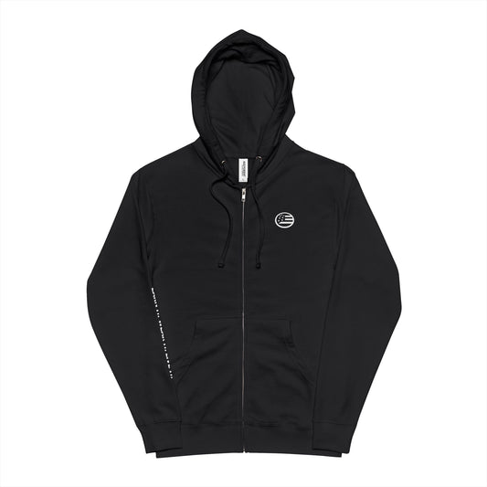 Minimal Green Zip-Up Hoodie — Subtle Circular Logo Fleece Jacket