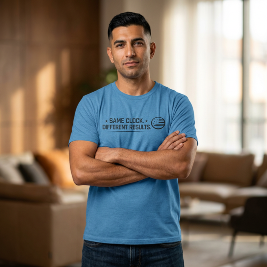 T‑Shirt — "Same Clock, Different Results" Minimalist Motivational Tee