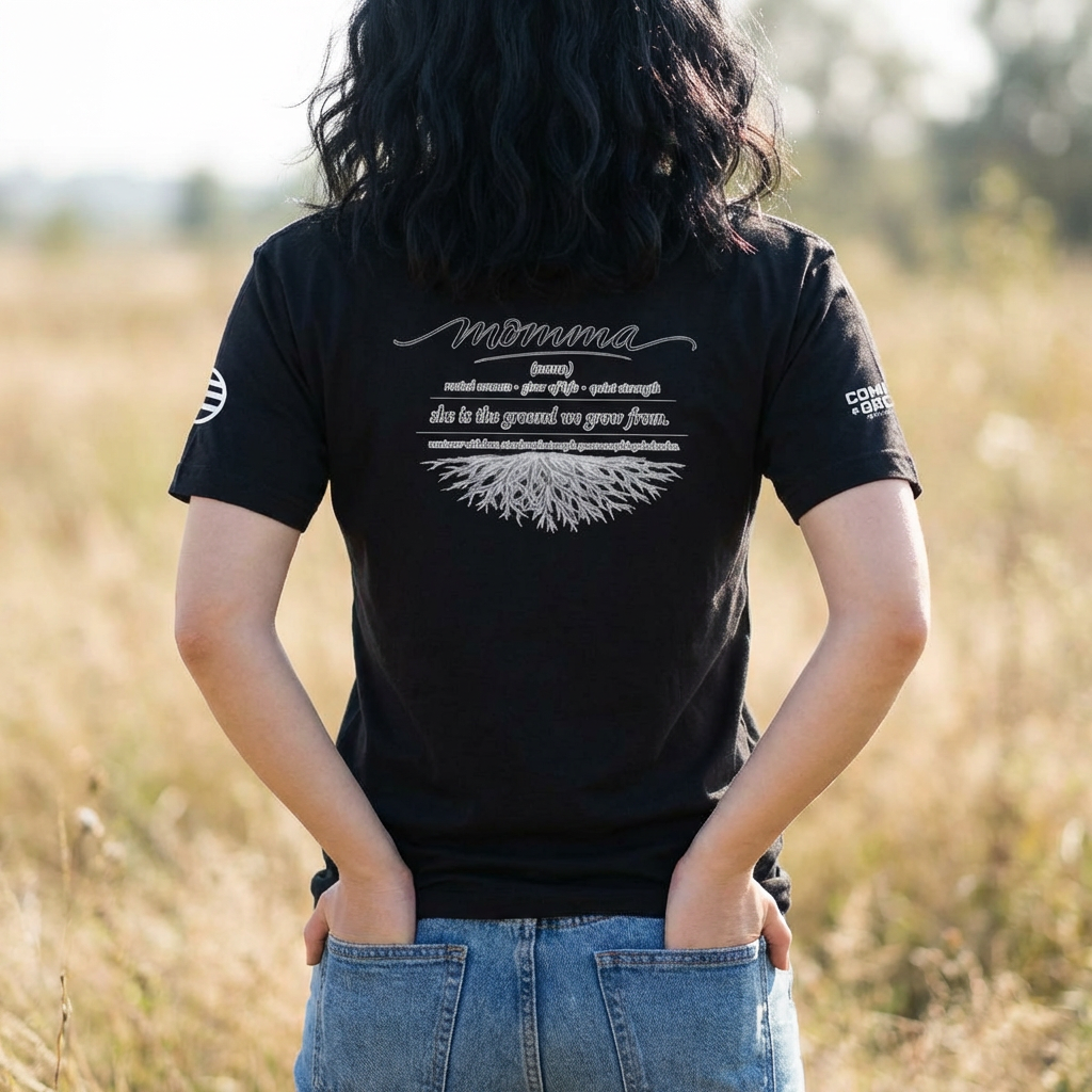 Momma Script Tee — 'Momma' Graphic T-Shirt with Root Illustration