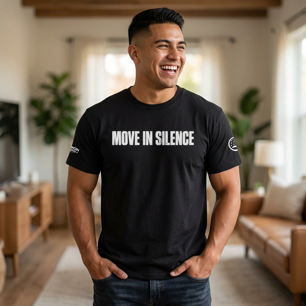 Move In Silence Tee — Black Graphic Motivational T‑Shirt