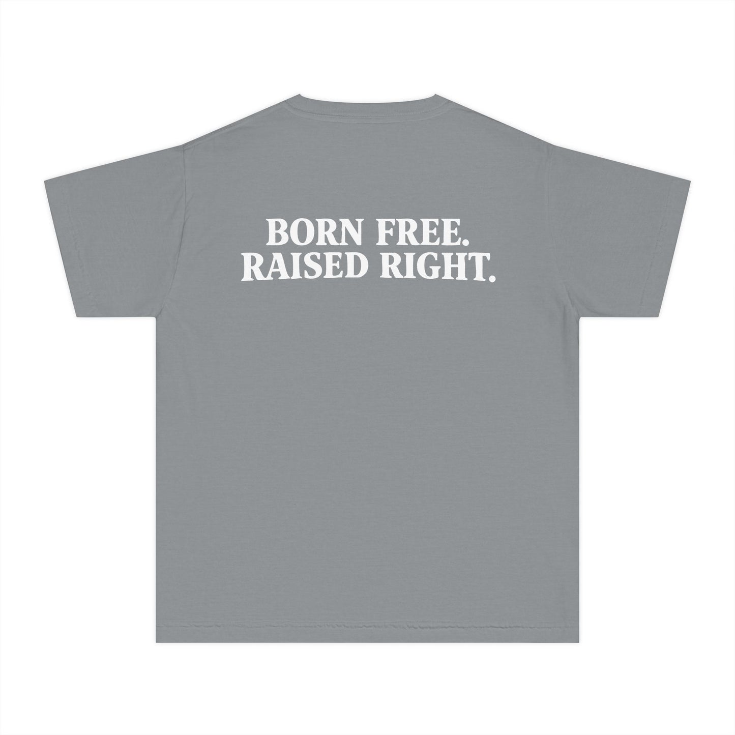 Roots Youth Tee — "Born Free. Raised Right." Vertical Logo Kids Shirt