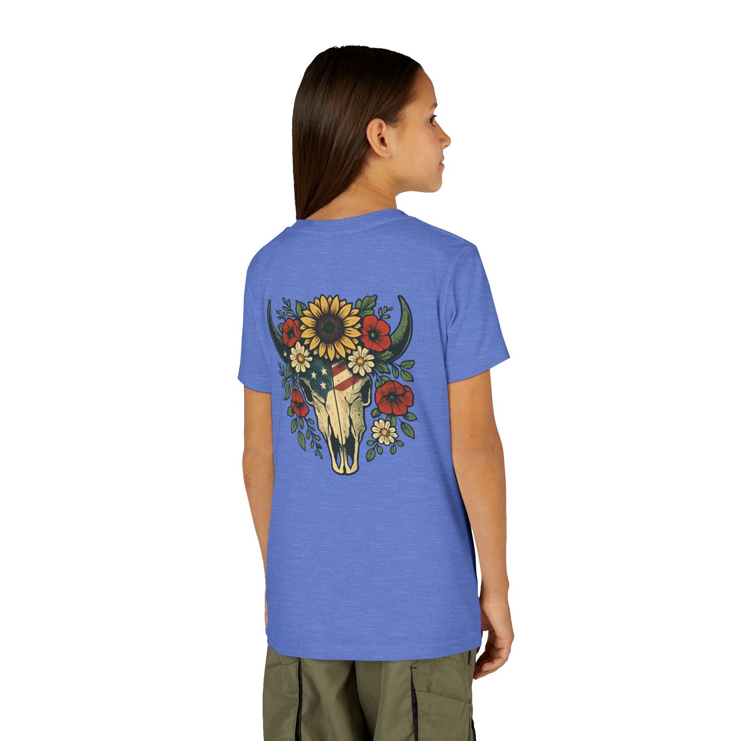 Youth Tee — Floral Bull Skull Graphic "Roots" Backprint