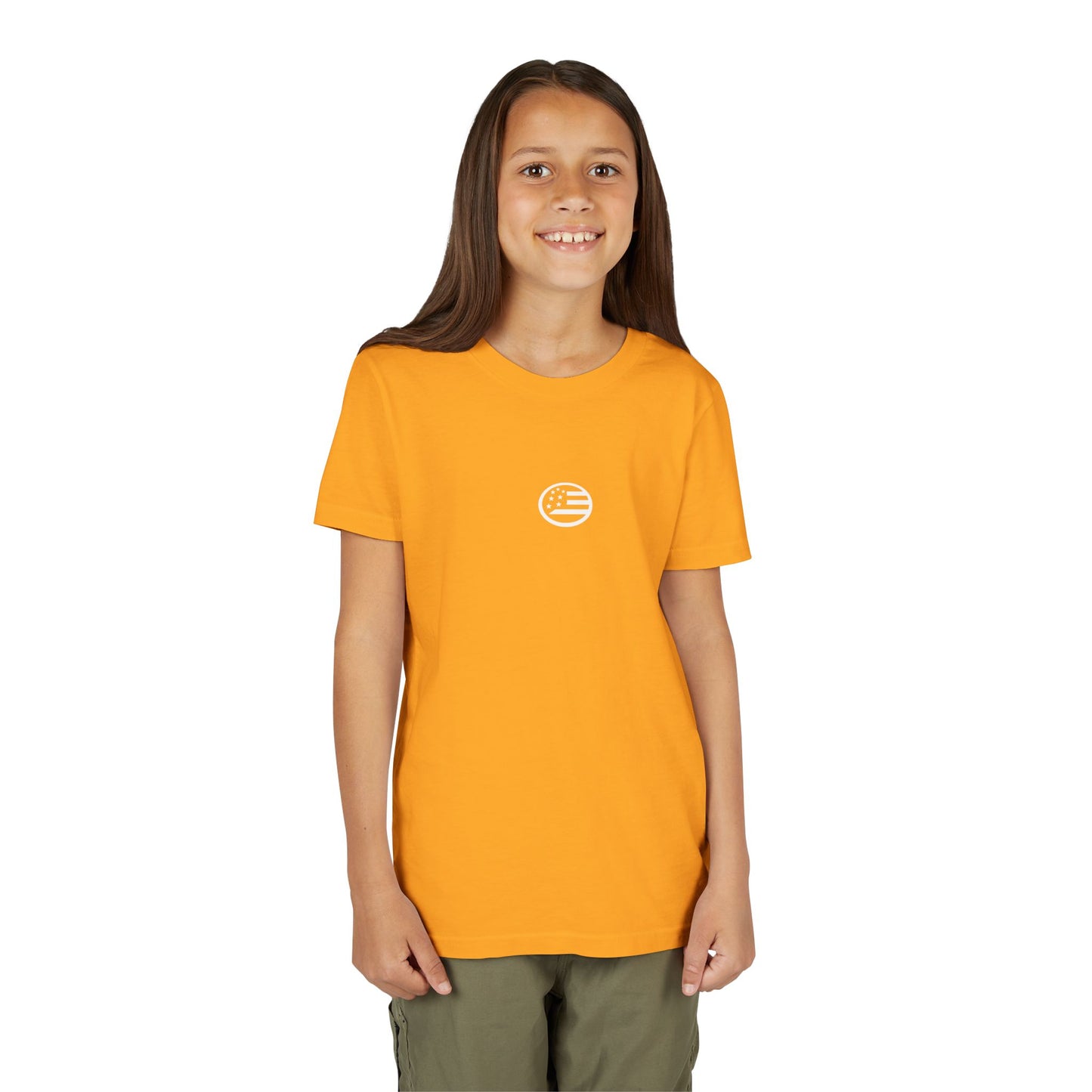 Youth Tee — "Rooted & Free" Script Back with Mini Crest Front