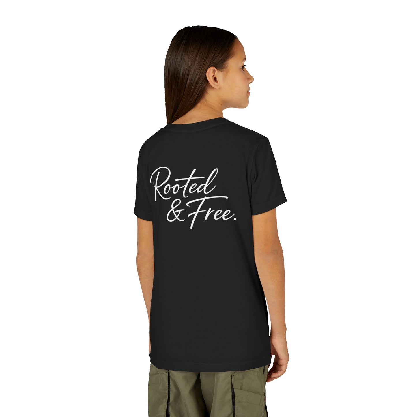 Youth Tee — "Rooted & Free" Script Back with Mini Crest Front