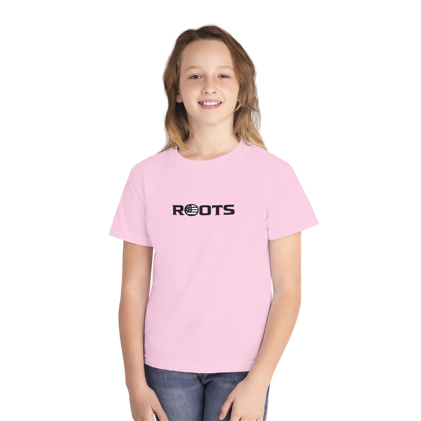 Youth Tee — 'ROOTS' Front Logo & Distressed American Flag Heart Back