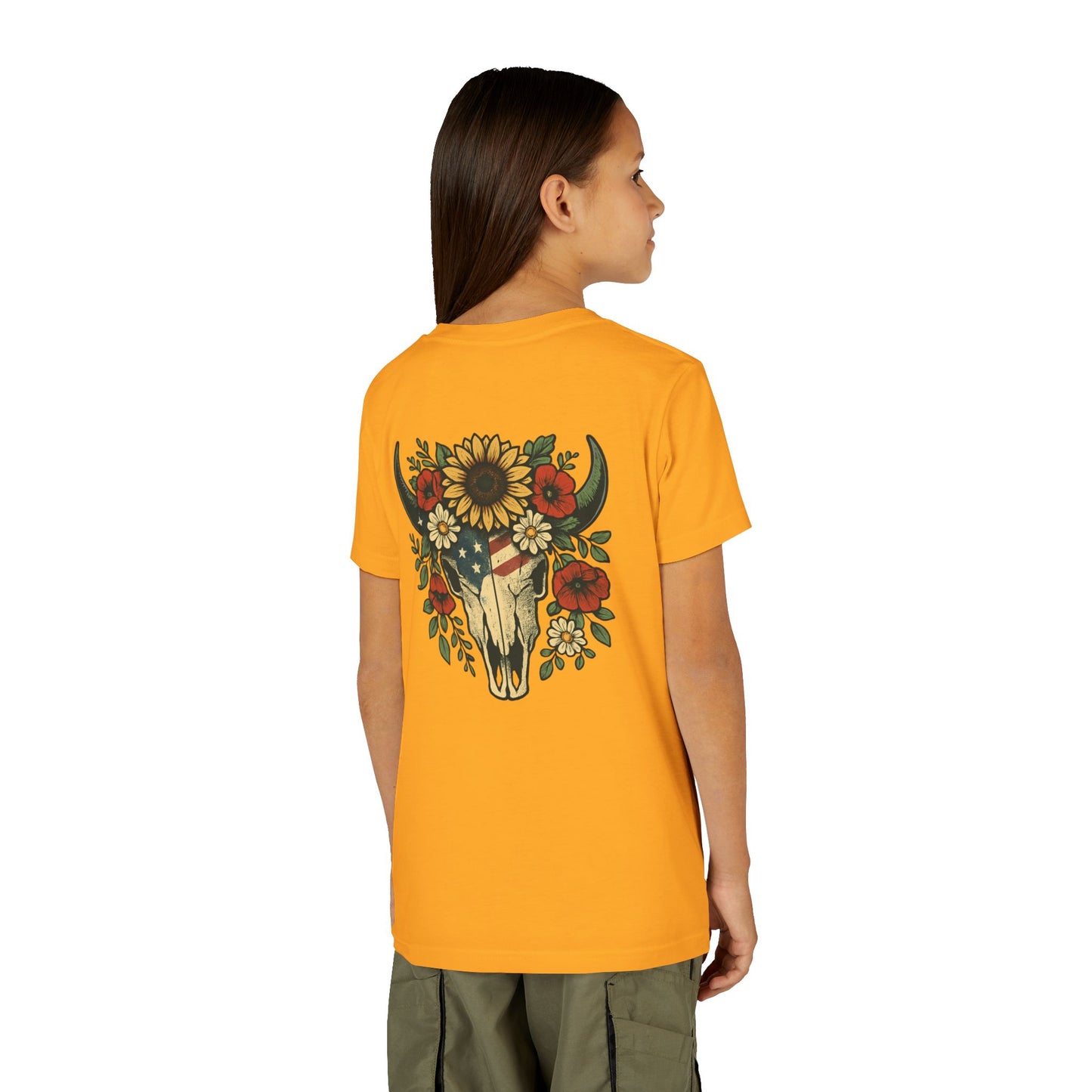 Youth Tee — Floral Bull Skull Graphic "Roots" Backprint