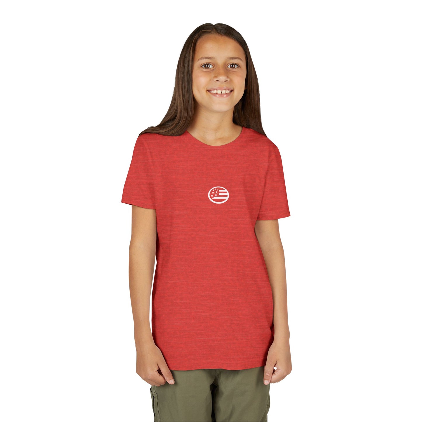 Youth Tee — "Rooted & Free" Script Back with Mini Crest Front