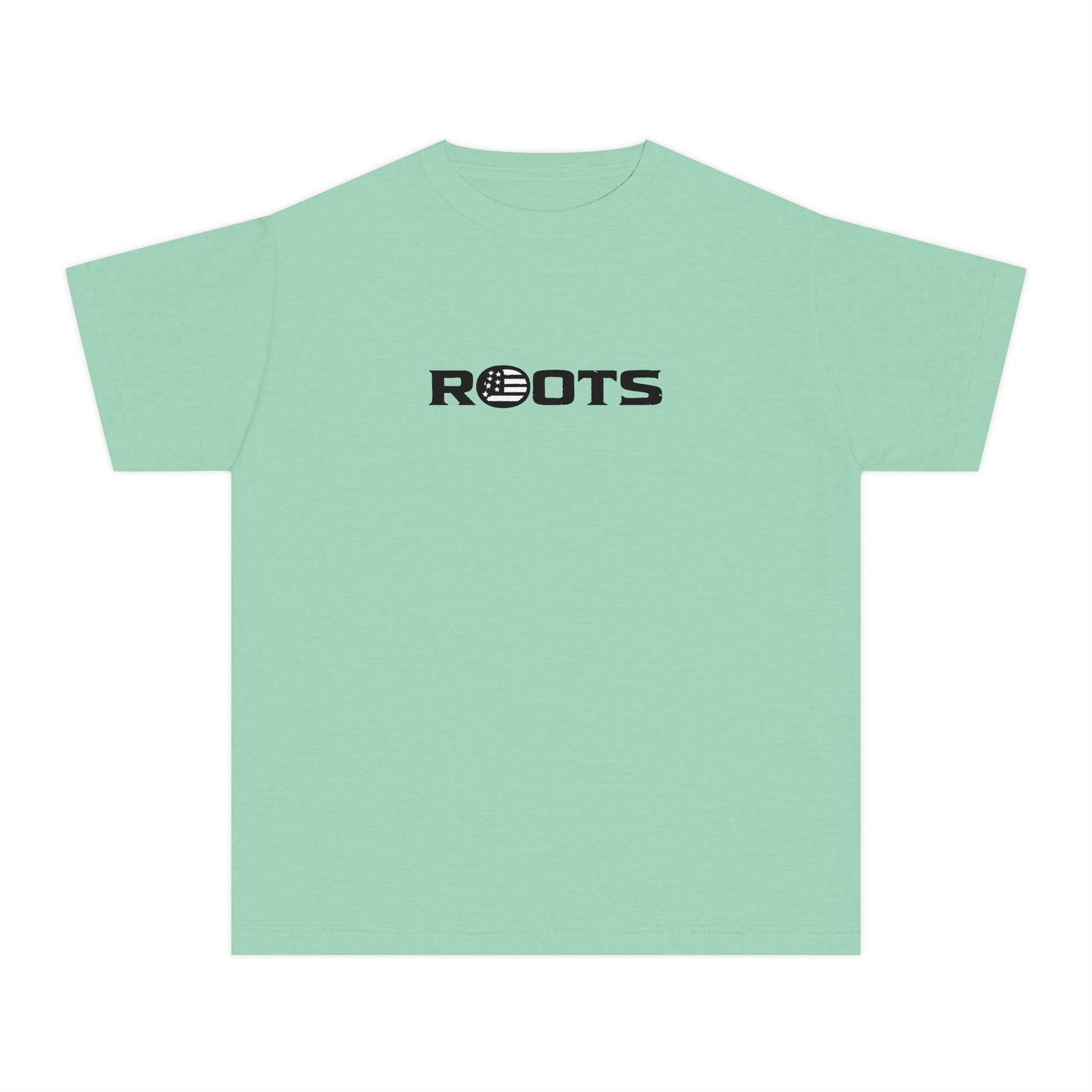 Youth Tee — 'ROOTS' Front Logo & Distressed American Flag Heart Back