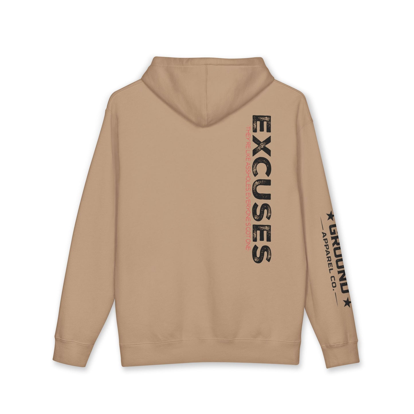 Excuses Hoodie — White Graphic Pullover with Sleeve & Chest Logo