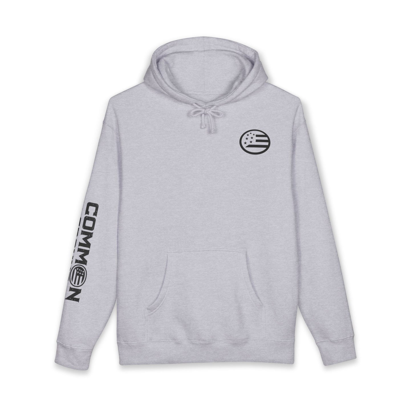Common Apparel White Hoodie — Flag Patch Chest & Sleeve Logo Pullover