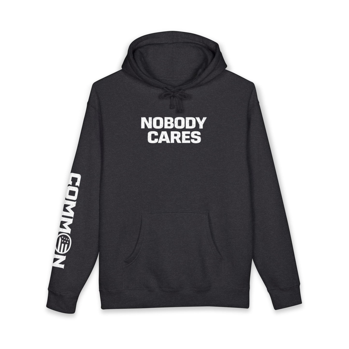 Nobody Cares Hoodie — Minimalist Streetwear Pullover with Sleeve 'Common Ground' Graphic