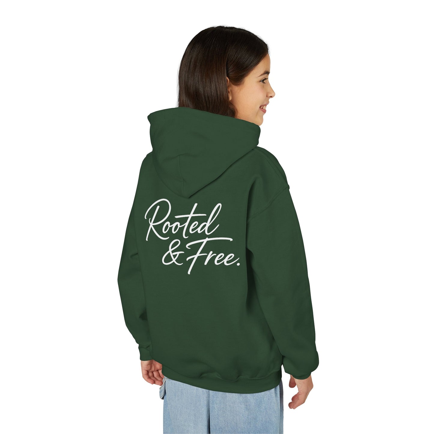 Youth Hoodie — "Rooted & Free" Script Back Design (Small Chest Logo)