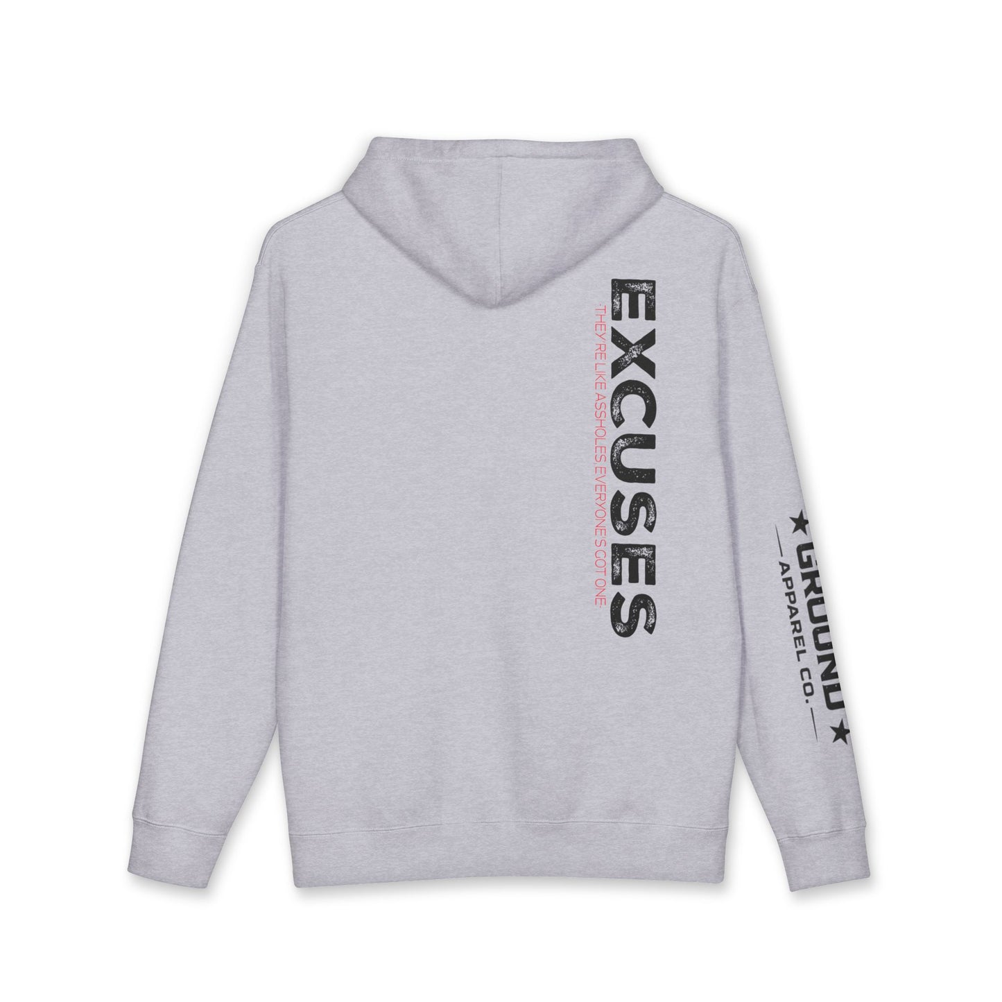 Excuses Hoodie — White Graphic Pullover with Sleeve & Chest Logo