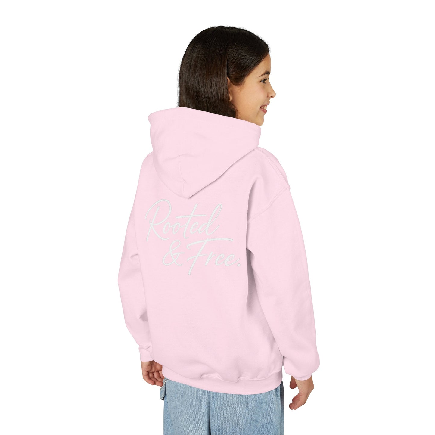 Youth Hoodie — "Rooted & Free" Script Back Design (Small Chest Logo)