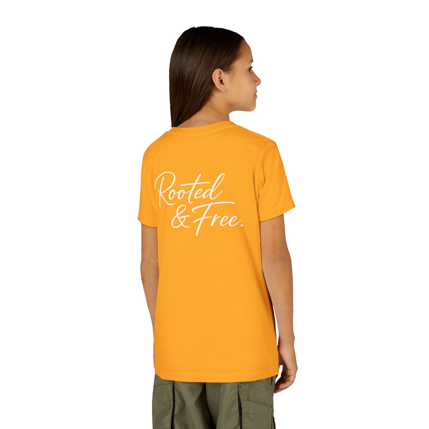 Youth Tee — "Rooted & Free" Script Back with Mini Crest Front
