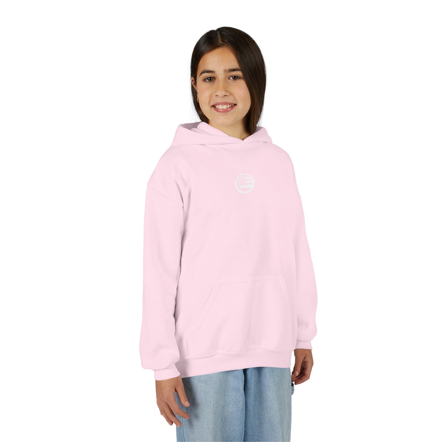 Youth Hoodie — "Rooted & Free" Script Back Design (Small Chest Logo)