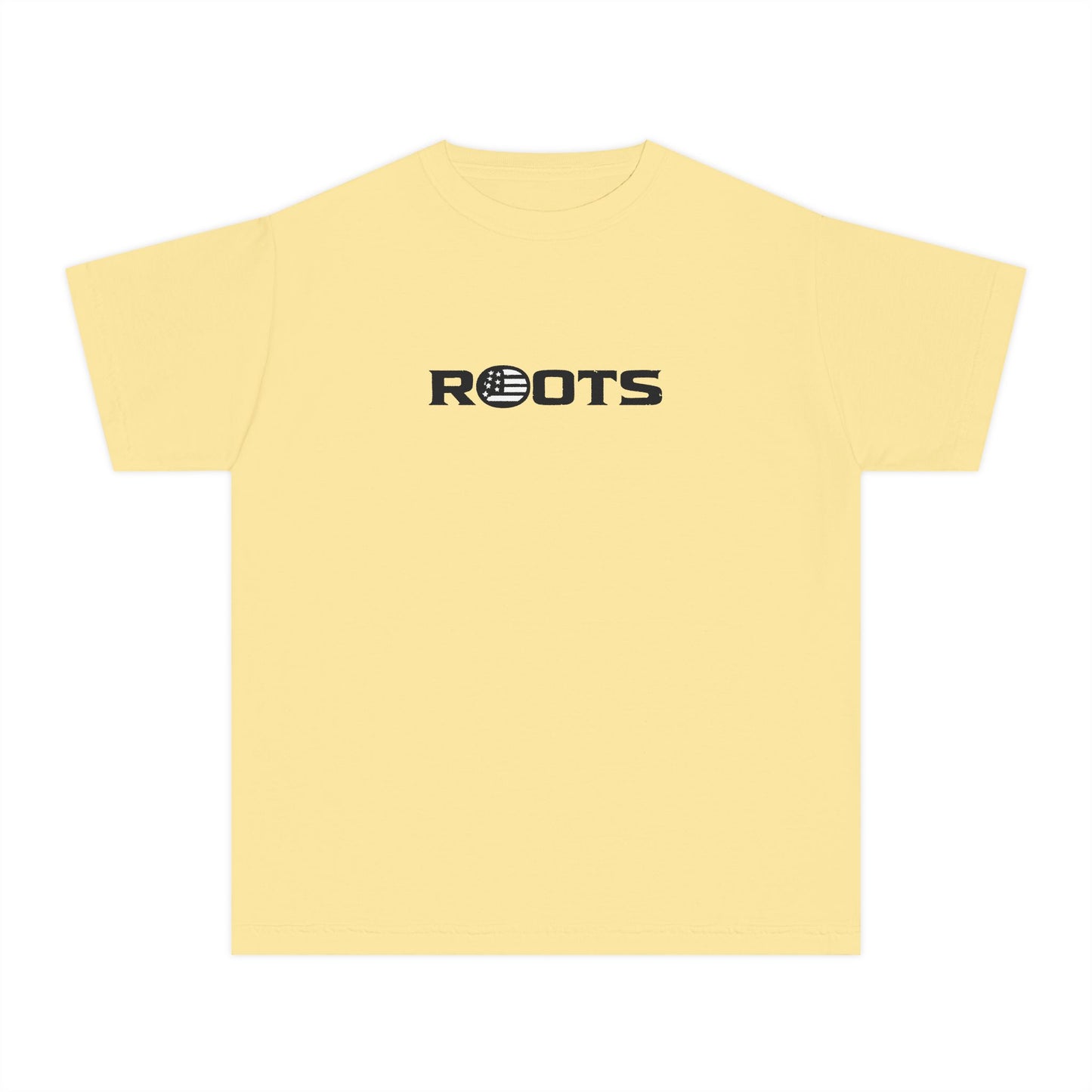 Youth Tee — 'ROOTS' Front Logo & Distressed American Flag Heart Back
